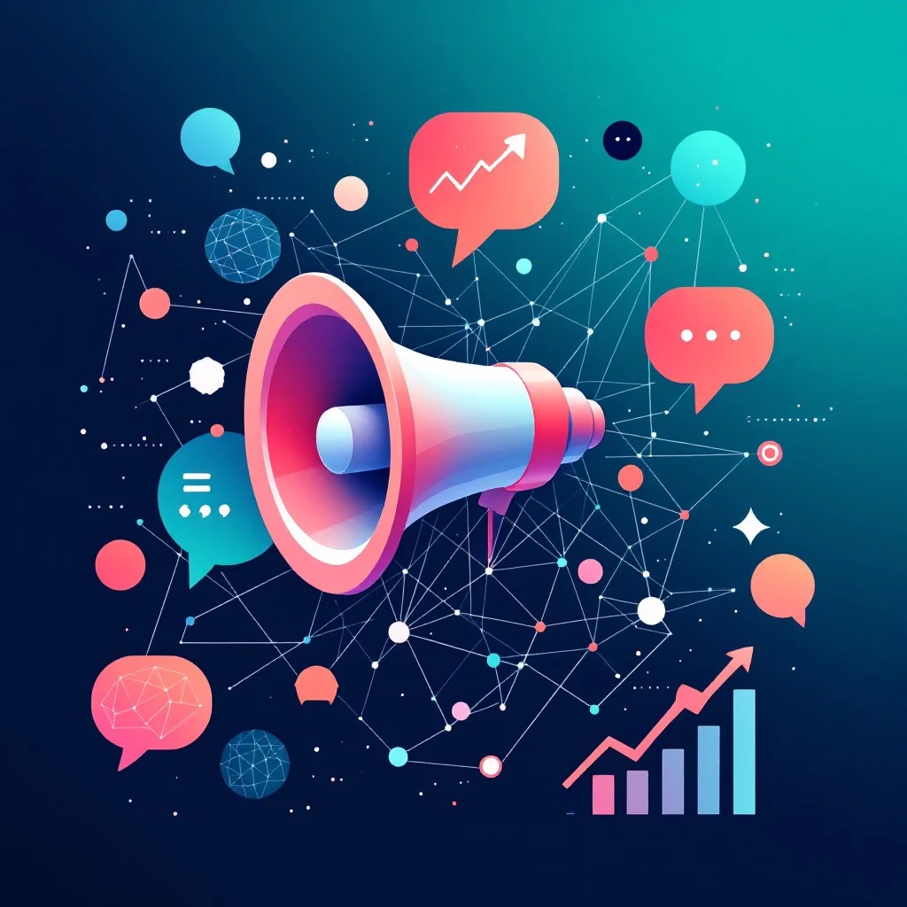 marketing illustration with microphone and charts and graphics