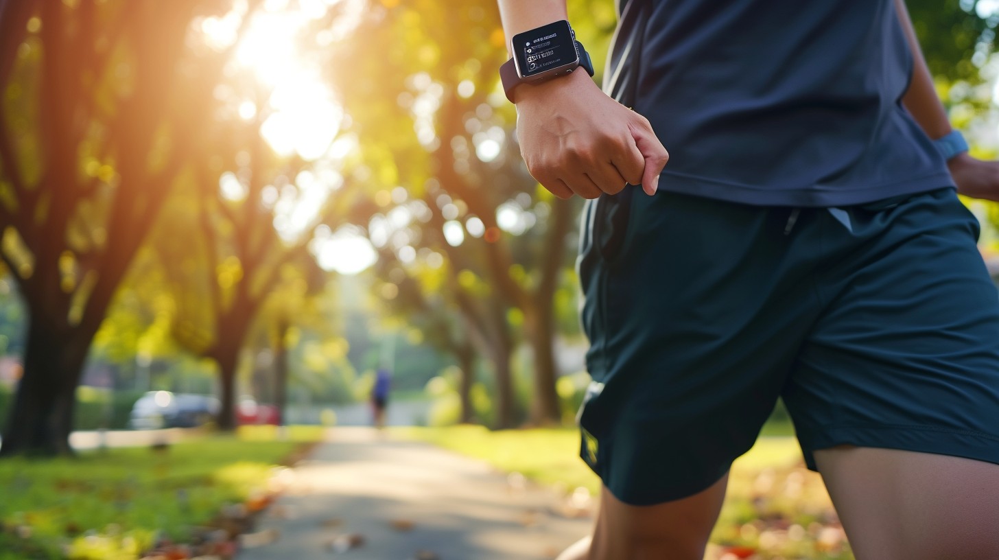 man in woods walking with activity tracking device on wrist